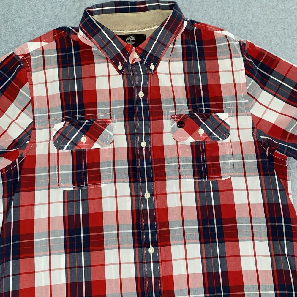 Timberland Earthkeepers Shirt Men's Large Plaid Red Button Up Short Sleeve Slim